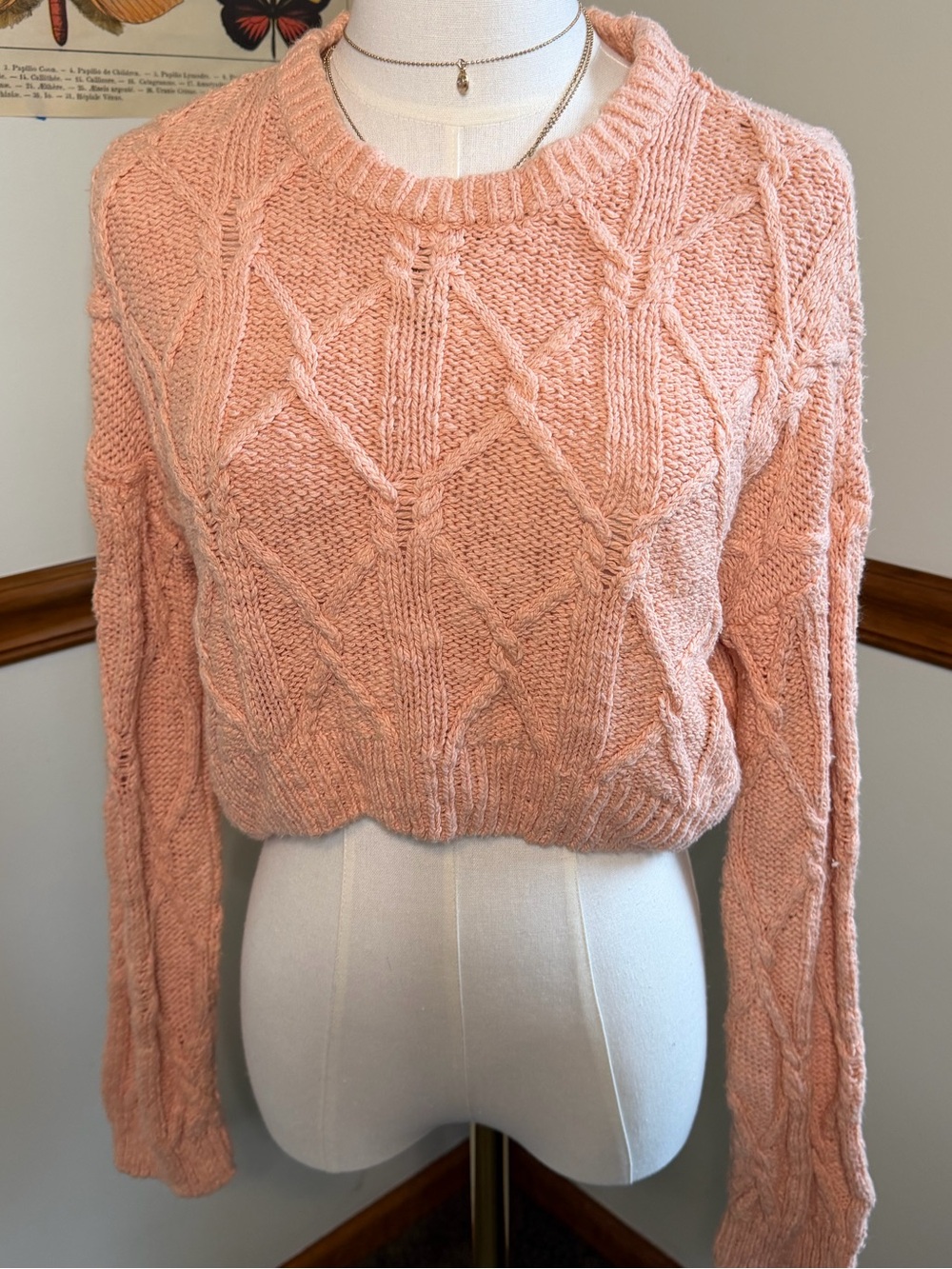 Peach Cable Knit Crewneck Sweater